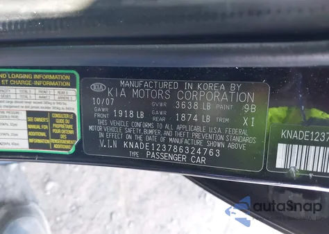 2008 Kia Rio Lx from USA, damaged, VIN KNADE123786324763